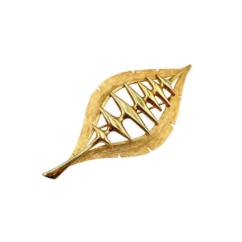 Vintage Signed JJ Gold Tone Leaf Brooch Modernist Design Mid Century Modern